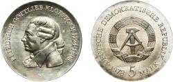 World Coins - Germany German Democratic Republic 1978 5 Mark (Friedrich Gottlieb Klopstock) Nickel brass Berlin Mint (70500) 12.2g UNC KM 67