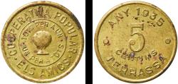 World Coins - Spain Second Republic 1935 5 Centimos - Cooperativa Popular Els Amics Brass 4.61g AU  AL 141
