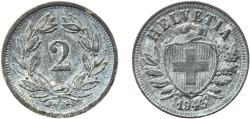 World Coins - Switzerland Federal State 1943 B 2 Rappen (Wreath; zinc) Zinc Bern Mint (4499000) 2.4g XF  HMZ 2 1213 Divo/Tob19 324 KM 4.2b Schön 16a Y 19a