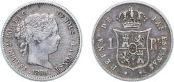 World Coins - Spain Kingdom 1863 1 Real - Isabel II Silver (.900) Seville Mint 1.29g VF KM 606 Cal 401