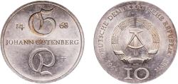 World Coins - Germany German Democratic Republic Democratic republic 1968 10 Mark (Johann Gutenberg) Silver (.625) (100328) 17.31g UNC KM 20.1