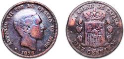 World Coins - Spain Kingdom 1878 OM 10 Centimos - Alfonso XII Bronze (95% copper, 4% tin, 1% zinc) Barcelona Mint (68740000) 9.36g VF KM 675 Cal 66