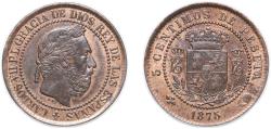 World Coins - Spain Kingdom 1875 5 Centimos - Carlos VII (pretender) Bronze 4.68g AU KM 669 Cal 10