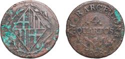 World Coins - Spain Principality of Catalonia Kingdom 1808 4 Quartos Copper Barcelona Mint 7.74g VF Cal 67 Aureo 14