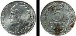 World Coins - Spain Second Republic 1937 5 Centimos - II Republic Iron Royal Mint of Spain (10000000) 3.84g UNC  KM 752 Cal 9