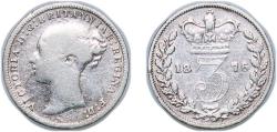World Coins - Great Britain United Kingdom 1876 3 Pence - Victoria (1st portrait; incl. Maundy and Colonial) Silver (.925) (1834300) 1.4g VF KM 730 Sp 3914 Sp 3918