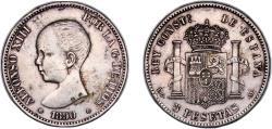 World Coins - Spain Kingdom 1890 *18-90 PGM 5 Pesetas - Alfonso XIII (Sevillian counterfeit in silver) Silver (.900) Madrid Mint (3000000) 25g XF KM 689