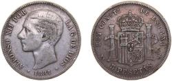 World Coins - Spain Kingdom 1881 *18-8? MSM 5 Pesetas - Alfonso XII (2nd portrait) Silver (.900) Madrid Mint (699000) 25g VF KM 676 Cal 32