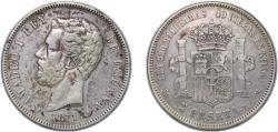 World Coins - Spain Kingdom 1871 *18-71 SDM 5 Pesetas - Amadeo I Silver (.900) Madrid Mint (13641162) 24.75g VF KM 666 Cal 5