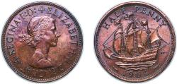 World Coins - Great Britain United Kingdom 1964 ½ Penny - Elizabeth II (1st portrait; without 'BRITT:OMN') Bronze (78583200) 5.68g UNC KM 896 Sp 4158