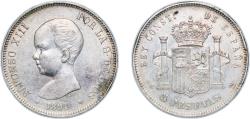 World Coins - Spain Kingdom 1891 *18-91 PGM 5 Pesetas - Alfonso XIII (1st portrait) Silver (.900) Madrid Mint (11659556) 25g XF KM 689