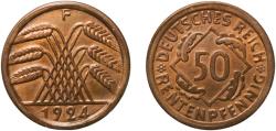 World Coins - Germany Weimar Republic 1924 F 50 Rentenpfennig Aluminium bronze Staatliche Münze Baden-Württemberg (21968181) 5.02g AU  KM 34 AKS 38 J 310 Schön 33