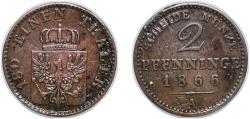 World Coins - Germany Kingdom of Prussia German states 1866 A 2 Pfennigs - William I Copper Berlin Mint 3g VF AKS 107 Old/Mue 2 425, 428, 432 KM 481 Neum 18 Schr 189-210
