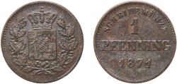 World Coins - Germany Kingdom of Bavaria Second Empire 1871 1 Pfenning - Maximilian II Copper Munich Mint (1534000) 1.3g XF  AKS 161, 185 Jaeg 5 Bay 91 KM 856 Wittelsbach 2889