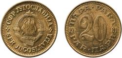 World Coins - Yugoslavia 1981 20 Para Aluminium brass (85% Copper, 14.5% Zinc, 0.5% Aluminium) Belgrade Mint (96144000) 4.13g UNC  KM 45 Schön 41