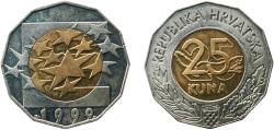 World Coins - Croatia Republic 1999 25 Kuna (Euro Currency) Bimetallic: copper-aluminium-nickel centre in copper-nickel ring (Brass: Cu 92%, Al 6%, Ni 2%) Croatian Mint (300000) 12.58g BU  KM 6