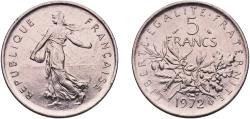 World Coins - France Fifth Republic 1972 5 Francs (signature "O. Roty") Nickel plated copper-nickel Paris Mint (45507000) 10.04g AU  Franc 2014 341 Gad 1789 771 KM 926a.1 Schön 235a