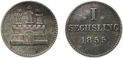 World Coins - Germany Free Hanseatic city of Hamburg 1855 1 Sechsling Billon (.250 silver) (1841000) 0.71g XF  KM 585 AKS 28&29