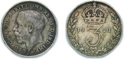 World Coins - Great Britain United Kingdom 1921 3 Pence - George V (2nd issue; incl. Maundy) Silver (.500) (8751000) 1.35g VF KM 813a Sp 4026 Sp 4029