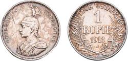 World Coins - German East Africa German colony 1913 J 1 Rupie - Wilhelm II Silver (.917) (1400000) 11.62g XF Scratches  KM 10 Schön 13