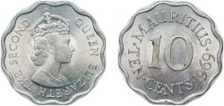 World Coins - Mauritius British crown colony 1969 10 Cents - Elizabeth II (1st portrait) Copper-nickel (200000) 5.15g BU KM 33 Schön 34