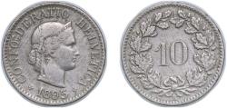 World Coins - Switzerland Federal State 1895 B 10 Rappen (Libertas; copper-nickel) Copper-nickel (75% copper, 25% nickel; non-magnetic) Bern Mint (2000000) 2.95g AU HMZ 2 1210 Divo/Tob19 314 KM