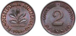 World Coins - Germany Federal Republic of Germany 1966 F 2 Pfennigs (non-magnetic) Bronze Staatliche Münze Baden-Württemberg (52543000) 3.26g UNC KM 106 J 381 Schön 104