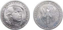 World Coins - Germany Federal Republic of Germany 1982 D 5 Deutsche Mark (Johann Wolfgang von Goethe) Copper-nickel clad nickel Munich Mint (8000000) 10g UNC KM 156 J 432 Schön 156