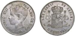 World Coins - Spain Kingdom 1897 *18-97 SGV 5 Pesetas - Alfonso XIII (3rd portrait) Silver (.900) Seville Mint 23.4g AU KM 707