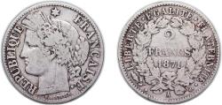 World Coins - France Third Republic 1871 A 2 Francs Silver (.835) Paris Mint 10g VF KM 817.1