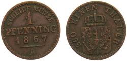 World Coins - Germany States Kingdom of Prussia Wilhelm I 1867 A 1 Pfenning 1.4g