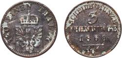 World Coins - Germany Kingdom of Prussia German states 1868 C 3 Pfenninge - William I Copper Frankfurt am Main Mint 4.25g VF  AKS 106 Old/Mue 2 424, 427, 431 KM 482 Neum 17 Schr 162-188