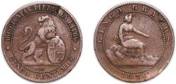 World Coins - Spain Provisional Government 1870 OM 5 Centimos - Provisional Government Bronze (95% copper, 4% tin, 1% zinc) (287381000) 5.04g VF KM 662 Cal 25
