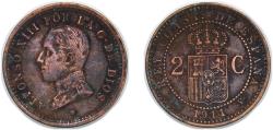 World Coins - Spain Kingdom 1911 *11 PCV 2 Centimos - Alfonso XIII (5th portrait) Bronze (95% copper, 4% tin, 1% zinc) (2284000) 2.1g XF KM 732 Cal 73