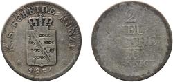 World Coins - Germany Kingdom of Saxony (Albertinian Line) 1851 2 Neugroschen / 20 Pfennige - Frederick August II Billon (.312 silver) Dresden Mint (588000) 2.89g F  AKS 106, 143 Jäg 10 SW 83 K
