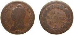World Coins - France First Republic AN 5 (1796) A 1 Décime Copper Paris Mint 19.87g VF F 128 Gad 185 KM 645