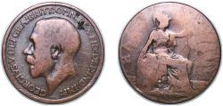World Coins - Great Britain United Kingdom 1917 ½ Penny - George V (1st portrait) Bronze (38245400) 5.4g F KM 809 Sp 4056