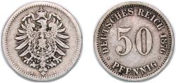 World Coins - Germany Germany - 1871-1948 Second Empire 1876 A 50 Pfennigs - Wilhelm I (type 1 - large shield) Silver (.900) (Ag 900, Cu 100) Berlin Mint (34475394) 2.63g VF KM 6 AKS 3 J 7 Schö