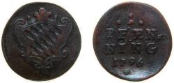 World Coins - Germany Electorate of Bavaria Holy Roman Empire 1796 1 Pfenning - Karl Theodor Copper XF KM 581