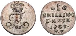 World Coins - Denmark Kingdom 1809 1 Skilling Dansk - Frederik VI Billon (.138 silver) Altona, Schleswig-Holstein Mint 0.97g AU  KM 662