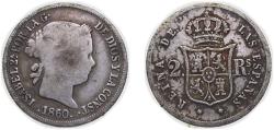 World Coins - Spain Kingdom 1860 2 Reales - Isabel II Silver (.900) Barcelona Mint 2.55g VF KM 607