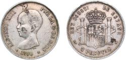 World Coins - Spain Kingdom 1890 *18-90 MPM 5 Pesetas - Alfonso XIII (1st portrait) Silver (.900) Madrid Mint (4275258) 25g XF KM 689