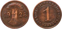 World Coins - Germany Weimar Republic 1928 F 1 Reichspfennig Copper Staatliche Münze Baden-Württemberg (8672585) 1.95g VF  KM 37 AKS 57 J 313 Schön 36