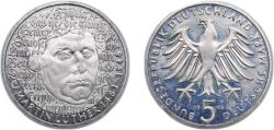 World Coins - Germany Federal Republic of Germany 1983 G 5 Deutsche Mark (Martin Luther) Copper-nickel clad nickel Staatliche Münze Baden-Württemberg Mint (8000000) 10g PF KM 159 J 434 Schön 15