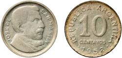 World Coins - Argentina Federal Republic 1952 10 Centavos (reeded edge) Copper-nickel Buenos Aires Mint (67328000) 2.95g XF  KM 47 Schön 50
