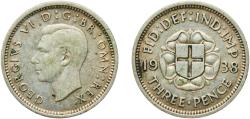 World Coins - Great Britain United Kingdom Kingdom 1938 3 Pence - George VI (incl. Colonial) Silver (.500) Royal Mint (Tower Hill) (6402400) 1.39g XF  KM 848 Sp 4085