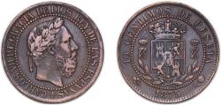 World Coins - Spain Kingdom 1875 OT 10 Centimos - Charles VII (Pretender) Bronze (95% copper, 4% tin, 1% zinc) Oñate Mint (100000) 10g XF  KM 670 Cal 8
