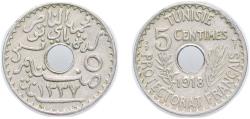 World Coins - Tunisia Republic 1918 5 Centimes - Muhammad V Nickel brass 2.98g XF KM 242 Schön 156