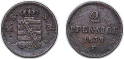 World Coins - Germany Kingdom of Saxony (Albertinian Line) 1859 F 2 Pfennige - John Copper Wolkenstein, Saxony Mint (1102688) 3.1g VF AKS 152 Jäg 10 SW 80 KM 1185