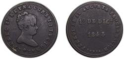 World Coins - Spain Kingdom 1843 Medal -  Isabel II  "Coming of age" Copper 8.63g VF Jubia H-7